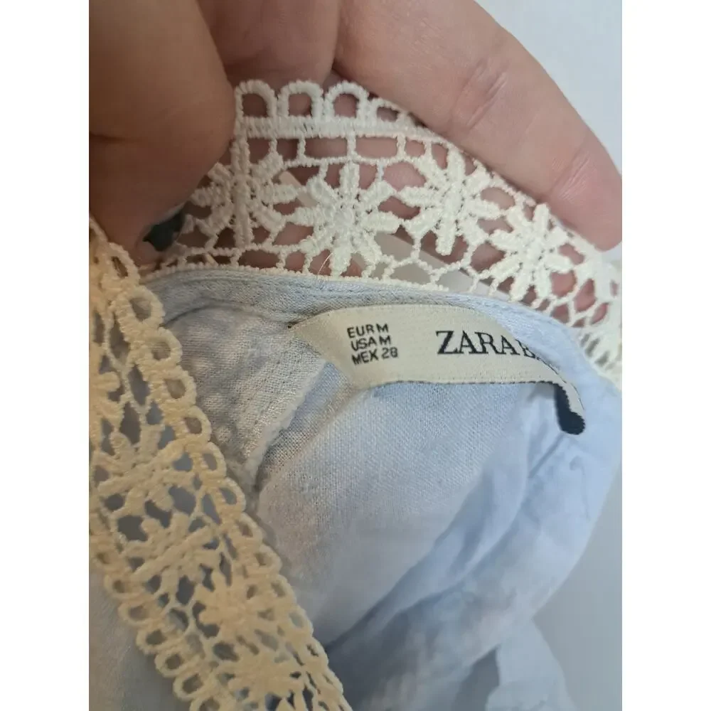 Zara Linen Light Blue Puff Sleeve Lace Collar Top Sz M